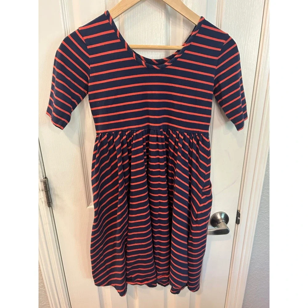 Hanna Andersson Dress Navy‎ Blue Red Striped Short Sleeve Pocket Skater Kids 10